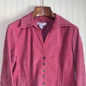 A.M.I. Jacket Womens Medium Pink Suede Leather Button Front Collared Lined